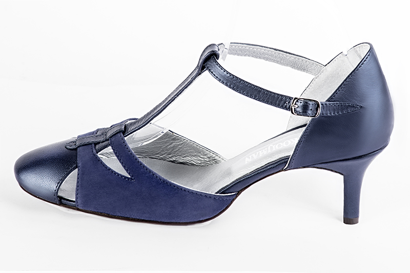 Prussian blue women's T-strap open side shoes. Round toe. Medium slim heel - Florence KOOIJMAN